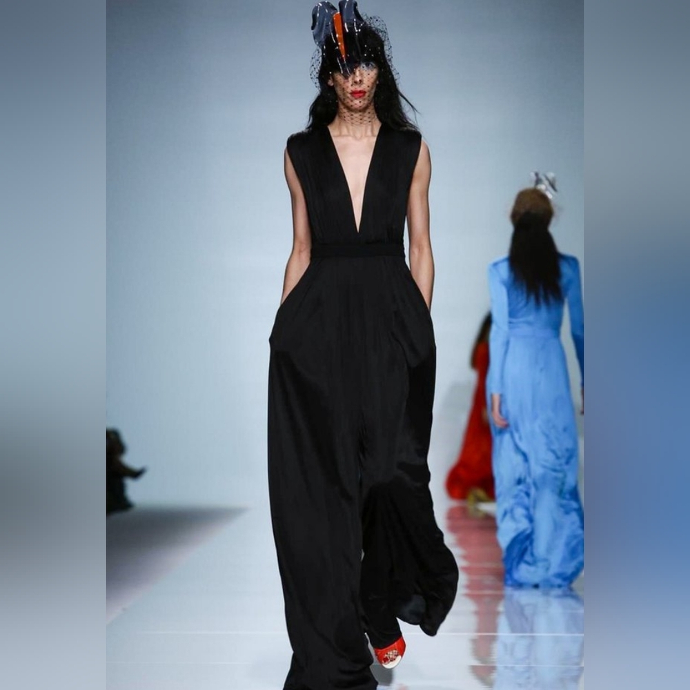 Emanuel Ungaro Black Satin Maxi Jumpsuit